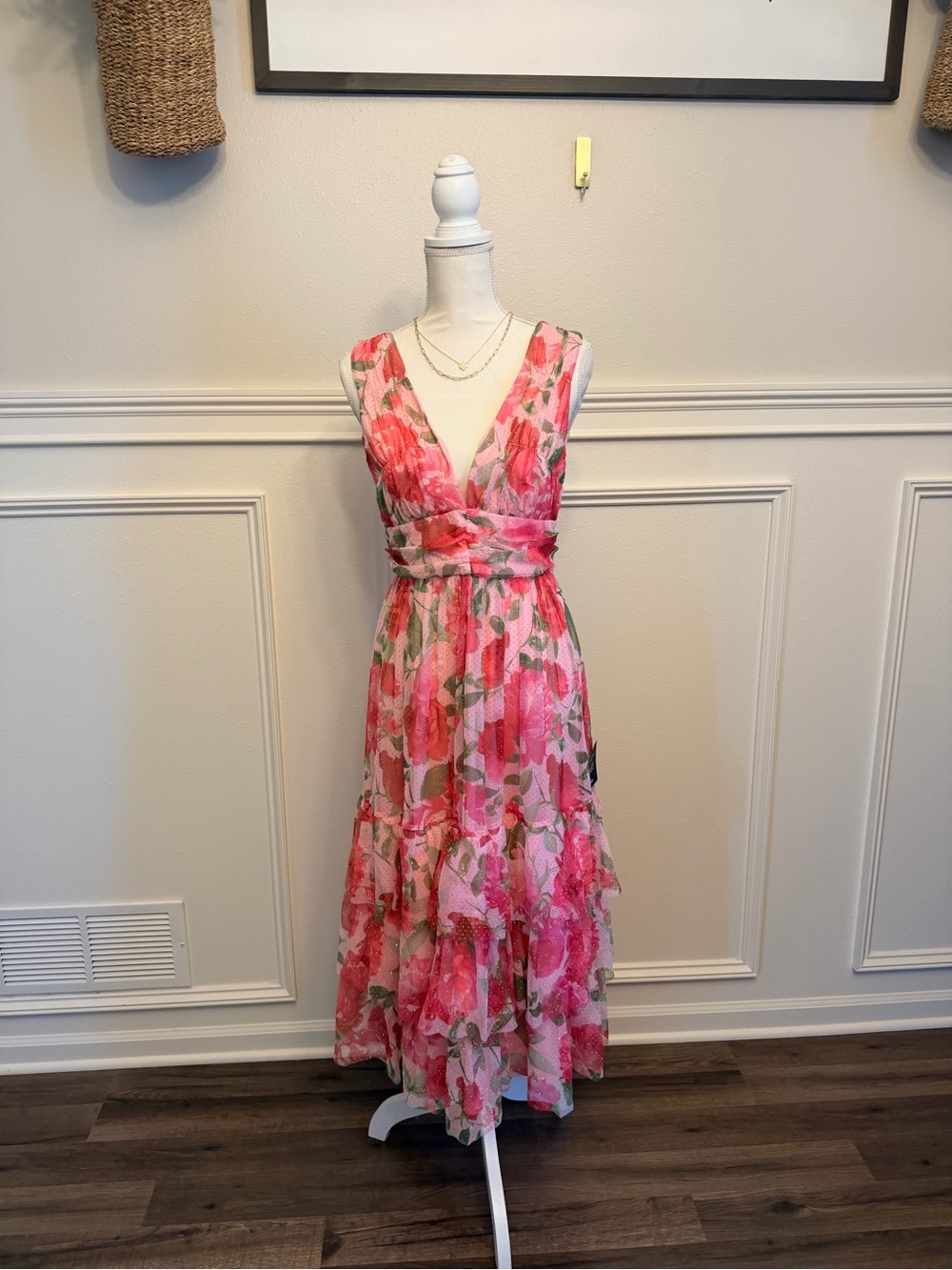 Lulu's Pink & Green Floral V-Neck Tiered Maxi Dress